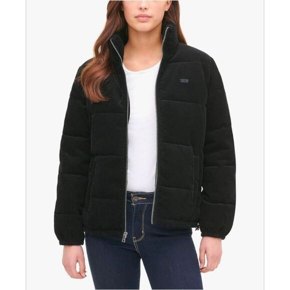 Levi's Women's L Zoe Corduroy Puffer Jacket in Black 100% Cotton Full Zip - Picture 1 of 15